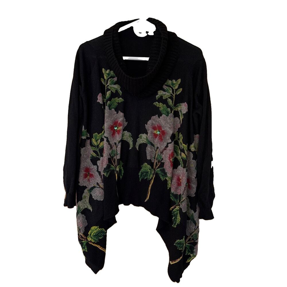 Desigual Vintage Y2K Floral Bejeweled Poncho Sweater Metallic Shawl Boho M